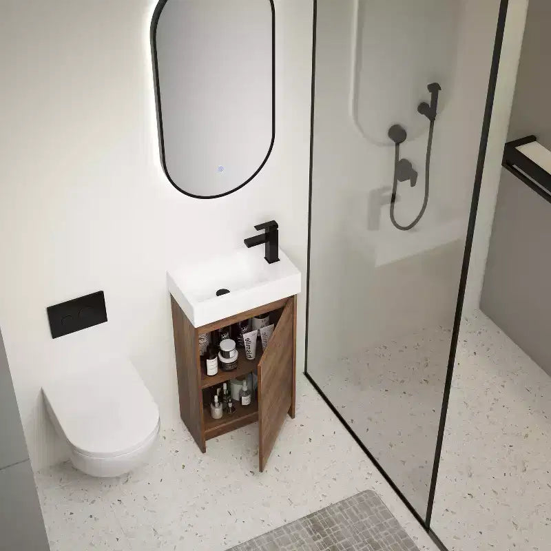 Mobile Bagno 45 cm con Lavabo Singolo, Mobiletto da Appoggio con Lavello in Ceramica, Ante con Chiusura Ammortizzata e Ripiano Regolabile