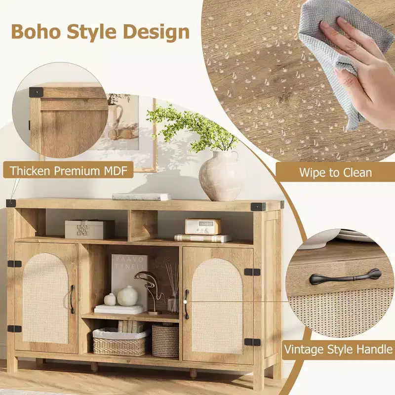 Mobile Bar da Fattoria COZONY con Ante in Rattan, Consolle Portaoggetti con Ripiano Regolabile per Soggiorno Sala da Pranzo Cucina