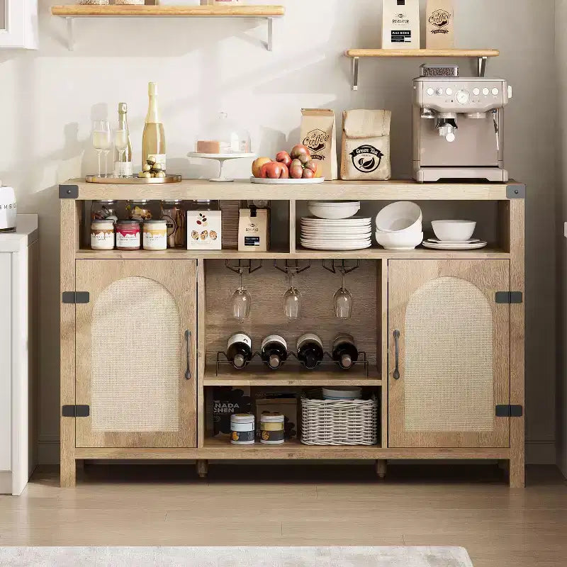 Mobile Bar da Fattoria COZONY con Ante in Rattan, Consolle Portaoggetti con Ripiano Regolabile per Soggiorno Sala da Pranzo Cucina