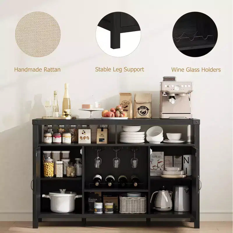 Mobile Bar da Fattoria COZONY con Ante in Rattan, Consolle Portaoggetti con Ripiano Regolabile per Soggiorno Sala da Pranzo Cucina