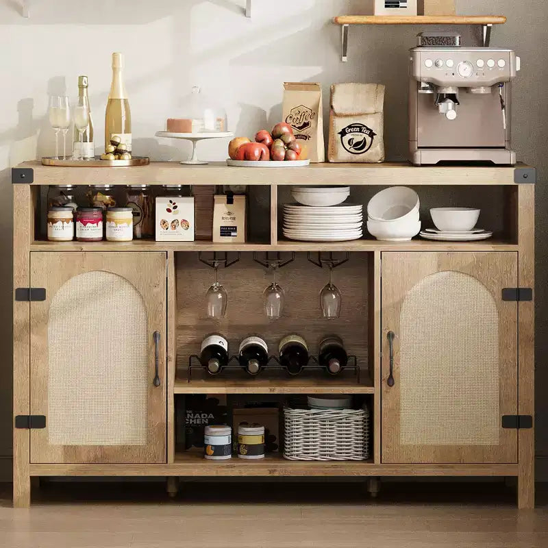 Mobile Bar da Fattoria COZONY con Ante in Rattan, Consolle Portaoggetti con Ripiano Regolabile per Soggiorno Sala da Pranzo Cucina