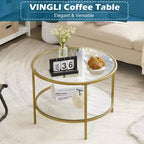 VINGLI Tavolini da Caffè Rotondi in Oro Champagne da 25,6", Tavolino in Vetro a 2 Livelli con Contenitore, Tavolino da Centro Semplice e Moderno per Soggiorno