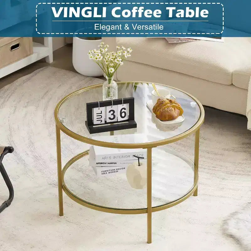 VINGLI Tavolini da Caffè Rotondi in Oro Champagne da 25,6", Tavolino in Vetro a 2 Livelli con Contenitore, Tavolino da Centro Semplice e Moderno per Soggiorno