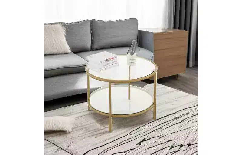 VINGLI Tavolini da Caffè Rotondi in Oro Champagne da 25,6", Tavolino in Vetro a 2 Livelli con Contenitore, Tavolino da Centro Semplice e Moderno per Soggiorno