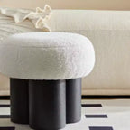 Sgabello Ottomano Pieghettato a Fungo, Rivestimento in Lana d'Agnello, Base Impiallacciata Noce, Sgabello Poggiapiedi Marrone per Camera da Letto