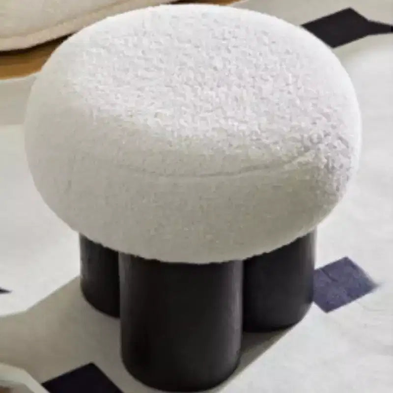 Sgabello Ottomano Pieghettato a Fungo, Rivestimento in Lana d'Agnello, Base Impiallacciata Noce, Sgabello Poggiapiedi Marrone per Camera da Letto