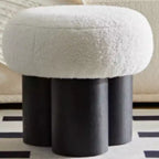 Sgabello Ottomano Pieghettato a Fungo, Rivestimento in Lana d'Agnello, Base Impiallacciata Noce, Sgabello Poggiapiedi Marrone per Camera da Letto