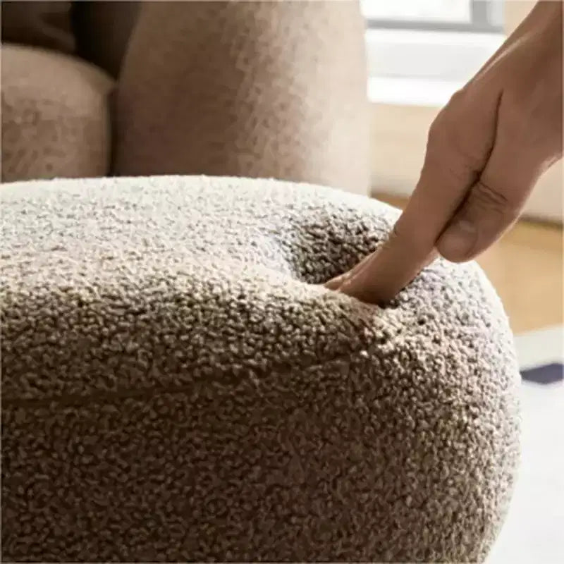 Sgabello Ottomano Pieghettato a Fungo, Rivestimento in Lana d'Agnello, Base Impiallacciata Noce, Sgabello Poggiapiedi Marrone per Camera da Letto