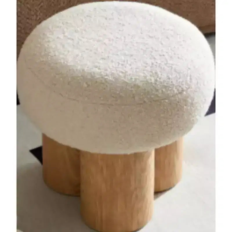 Sgabello Ottomano Pieghettato a Fungo, Rivestimento in Lana d'Agnello, Base Impiallacciata Noce, Sgabello Poggiapiedi Marrone per Camera da Letto