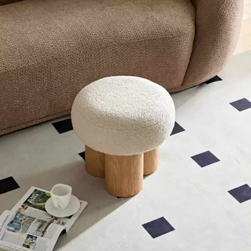 Sgabello Ottomano Pieghettato a Fungo, Rivestimento in Lana d'Agnello, Base Impiallacciata Noce, Sgabello Poggiapiedi Marrone per Camera da Letto