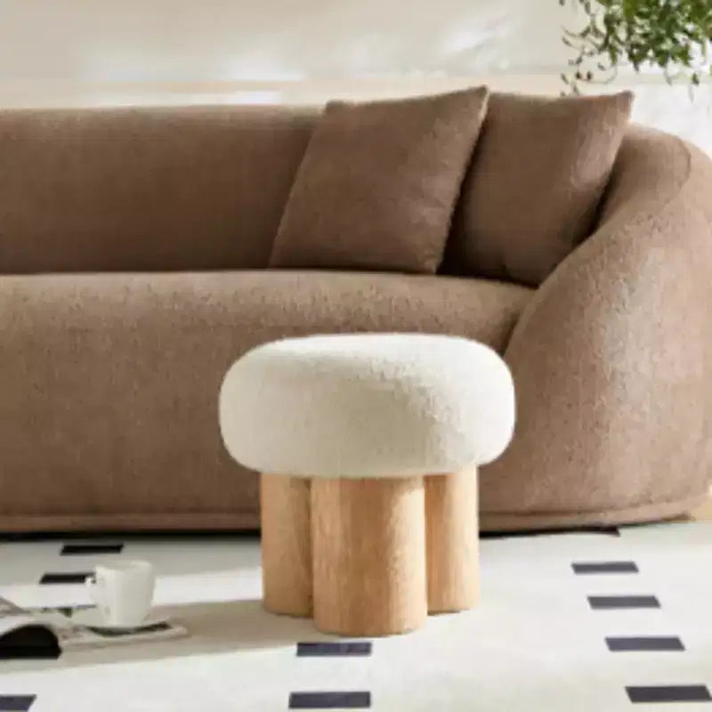 Sgabello Ottomano Pieghettato a Fungo, Rivestimento in Lana d'Agnello, Base Impiallacciata Noce, Sgabello Poggiapiedi Marrone per Camera da Letto