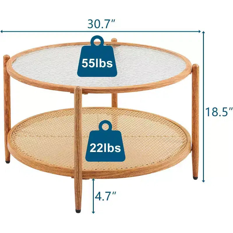 Tavolino da caffè VINGLI 30 in Rattan, Tavolino Rotondo con Vetro Effetto Onde e Ripiano a 2 Livelli, per Soggiorno, Atmosfera Naturale