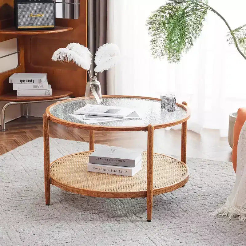 Tavolino da caffè VINGLI 30 in Rattan, Tavolino Rotondo con Vetro Effetto Onde e Ripiano a 2 Livelli, per Soggiorno, Atmosfera Naturale
