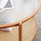 Tavolino da caffè VINGLI 30 in Rattan, Tavolino Rotondo con Vetro Effetto Onde e Ripiano a 2 Livelli, per Soggiorno, Atmosfera Naturale