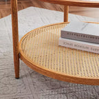 Tavolino da caffè VINGLI 30 in Rattan, Tavolino Rotondo con Vetro Effetto Onde e Ripiano a 2 Livelli, per Soggiorno, Atmosfera Naturale