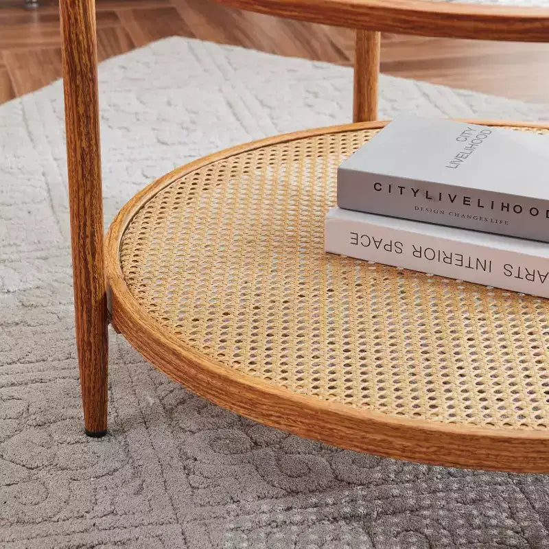 Tavolino da caffè VINGLI 30 in Rattan, Tavolino Rotondo con Vetro Effetto Onde e Ripiano a 2 Livelli, per Soggiorno, Atmosfera Naturale