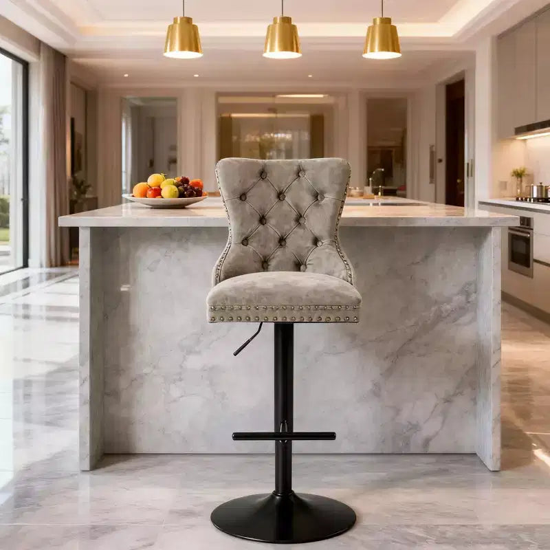 Homy Casa Set di 2 Sgabelli da Bar Girevoli Regolabili con Schienale Trapuntato, Poggiapiedi e Base in Metallo per Isola della Cucina o Bar di Casa, Verde Oliva
