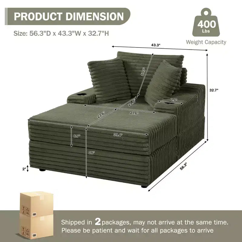 Divano Chaise Longue Oversize da Interno, Divano in Velluto a Coste Imbottito, Divano Letto Cloud, 3 Cuscini, Divano Letto Singolo, per Soggiorno, Camera da Letto