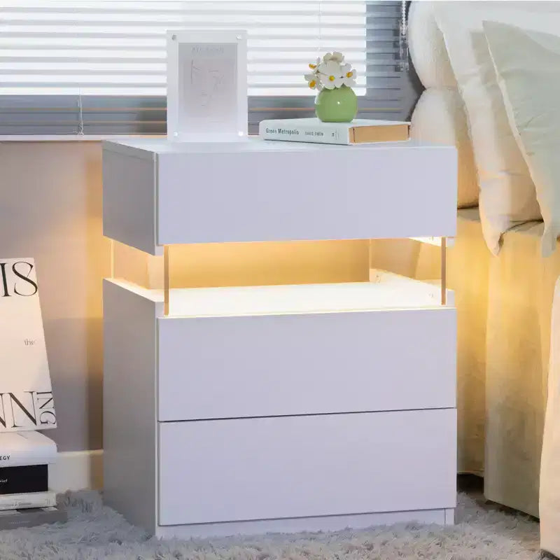 Comodini a LED Comò a 3 cassetti per camera da letto Tavolino con pannello in acrilico Comodini a LED per camera da letto Soggiorno Mobili da comodino (Bianco)