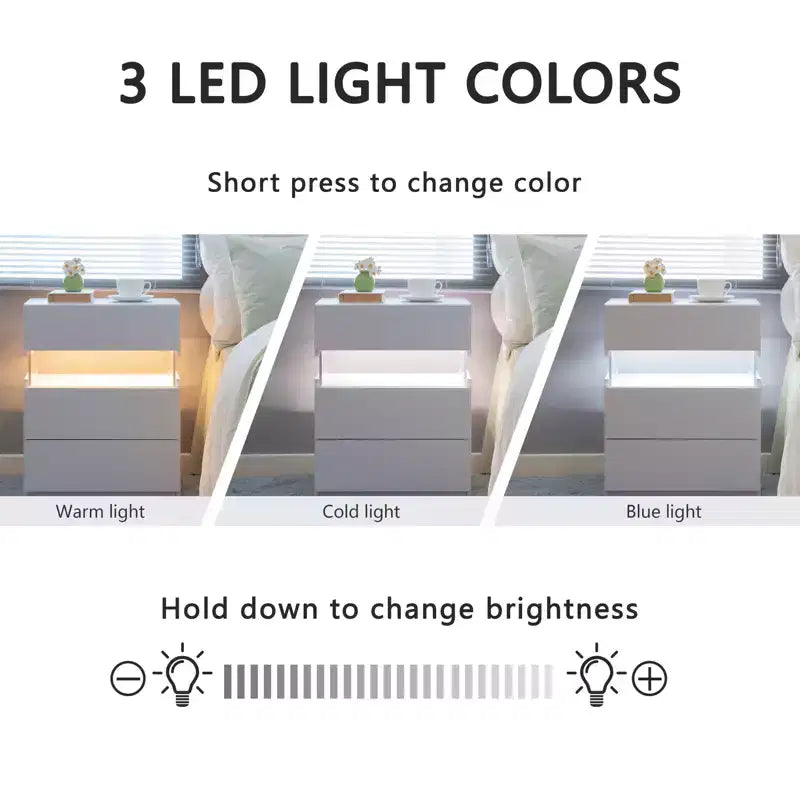 Comodini a LED Comò a 3 cassetti per camera da letto Tavolino con pannello in acrilico Comodini a LED per camera da letto Soggiorno Mobili da comodino (Bianco)