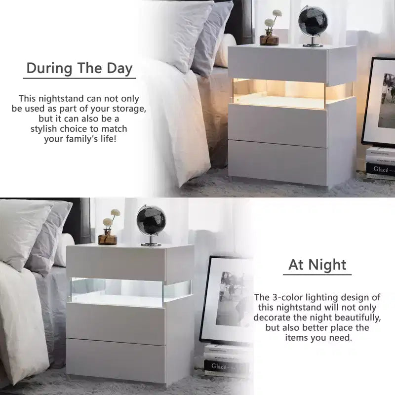 Comodini a LED Comò a 3 cassetti per camera da letto Tavolino con pannello in acrilico Comodini a LED per camera da letto Soggiorno Mobili da comodino (Bianco)