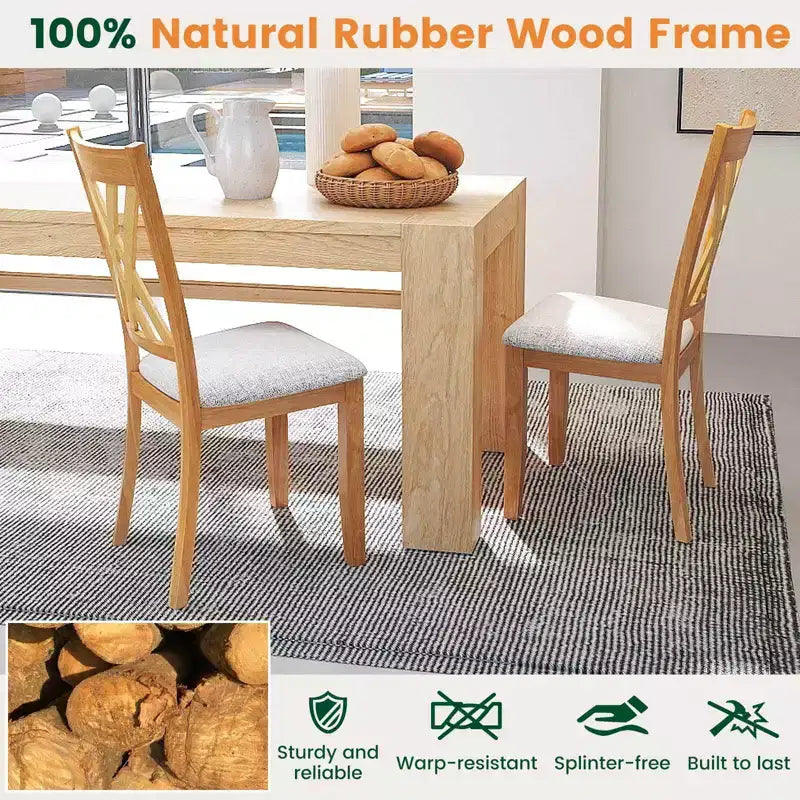 Costway Sedie da Cucina Imbottite in Tessuto di Lino senza Braccioli, 4 Pezzi, con Struttura in Legno di Gomma Grigio/Naturale