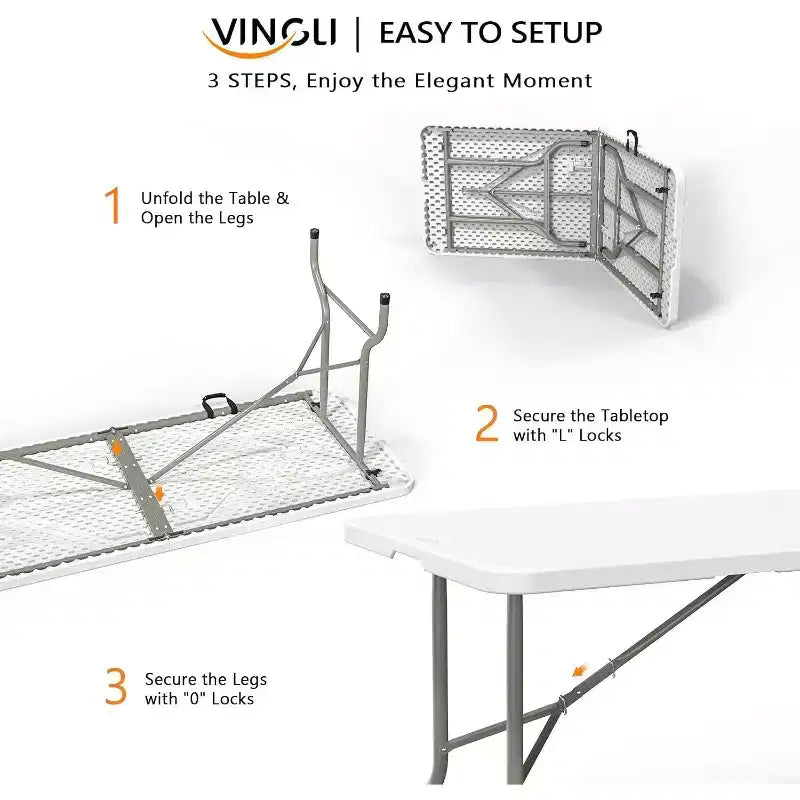 VINGLI Tavolo Pieghevole in Plastica da 6 Piedi, Tavolo Lungo Portatile per Uso Interno ed Esterno Rettangolare con Maniglia per il Trasporto, Piano in HDPE Liscio, Bianco