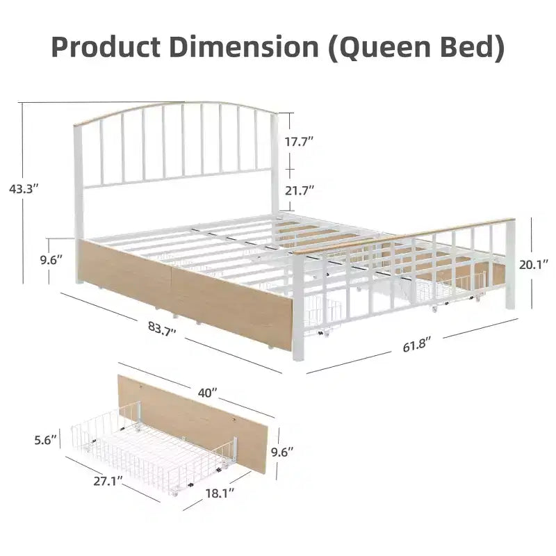 Struttura letto - Struttura letto a piattaforma con testiera e pediera, 4 cassetti, base con doghe in acciaio, nessun materasso a molle richiesto.