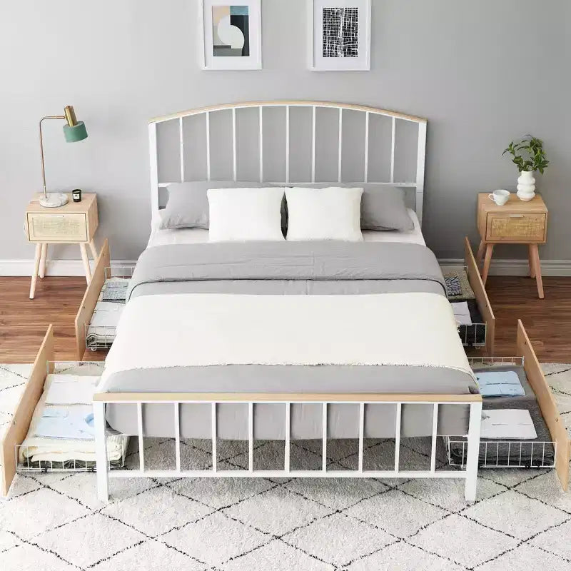 Struttura letto - Struttura letto a piattaforma con testiera e pediera, 4 cassetti, base con doghe in acciaio, nessun materasso a molle richiesto.