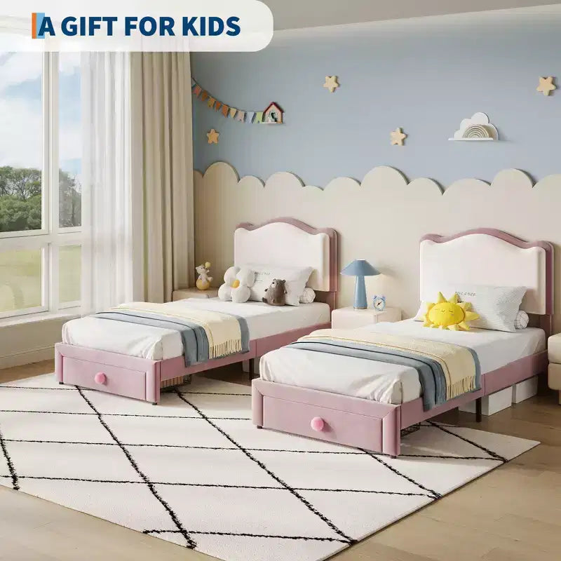 Struttura letto per bambini, materasso per bambini piccoli con testiera e cassetti contenitore, realizzato con robuste doghe in legno, facile da montare, non richiede materasso a molle.