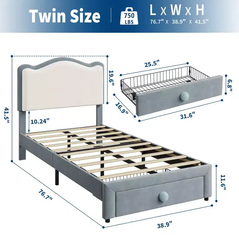 Struttura letto per bambini, materasso per bambini piccoli con testiera e cassetti contenitore, realizzato con robuste doghe in legno, facile da montare, non richiede materasso a molle.