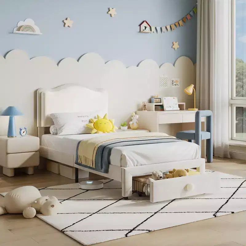 Struttura letto per bambini, materasso per bambini piccoli con testiera e cassetti contenitore, realizzato con robuste doghe in legno, facile da montare, non richiede materasso a molle.