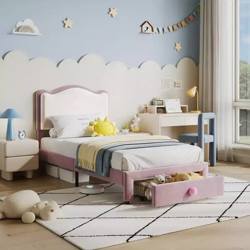 Struttura letto per bambini, materasso per bambini piccoli con testiera e cassetti contenitore, realizzato con robuste doghe in legno, facile da montare, non richiede materasso a molle.