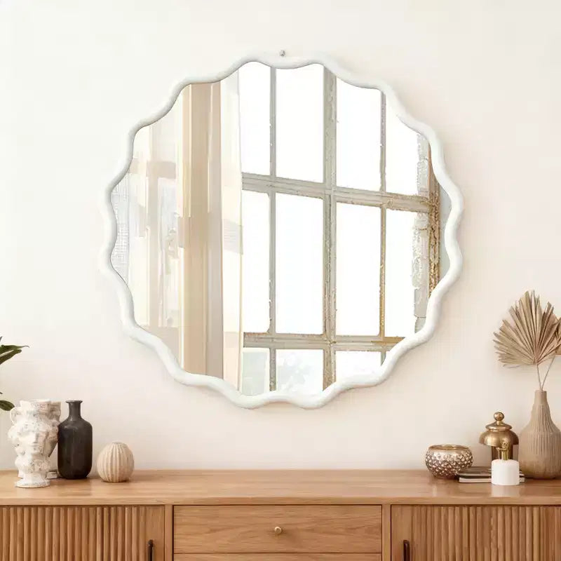 30 inch White Wavy Round Solid Wood Frame Wall Mirror for Bathroom Vanity, Wooden Farmhouse Decorative Mirror for Home