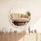 Specchio da parete rotondo ondulato bianco da 30 pollici con cornice in legno massello per bagno, specchio decorativo in legno stile rustico per la casa