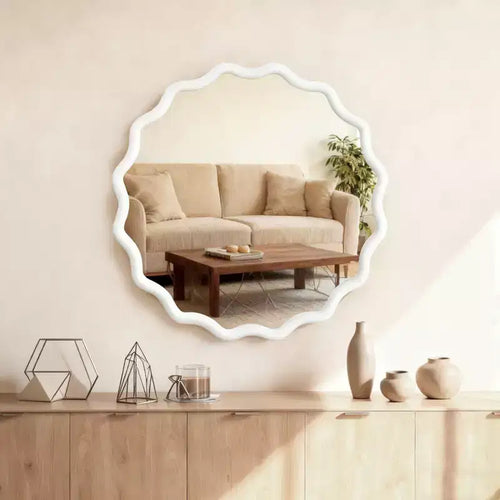 Specchio da parete rotondo ondulato bianco da 30 pollici con cornice in legno massello per bagno, specchio decorativo in legno stile rustico per la casa