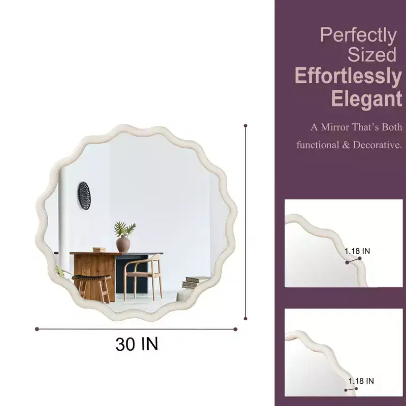 Specchio da parete rotondo ondulato bianco da 30 pollici con cornice in legno massello per bagno, specchio decorativo in legno stile rustico per la casa