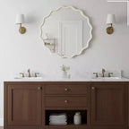 Specchio da parete rotondo ondulato bianco da 30 pollici con cornice in legno massello per bagno, specchio decorativo in legno stile rustico per la casa