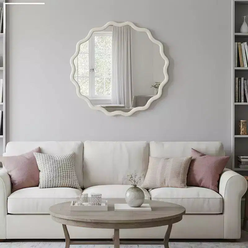Specchio da parete rotondo ondulato bianco da 30 pollici con cornice in legno massello per bagno, specchio decorativo in legno stile rustico per la casa