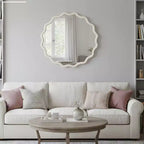 Specchio da parete rotondo ondulato bianco da 30 pollici con cornice in legno massello per bagno, specchio decorativo in legno stile rustico per la casa