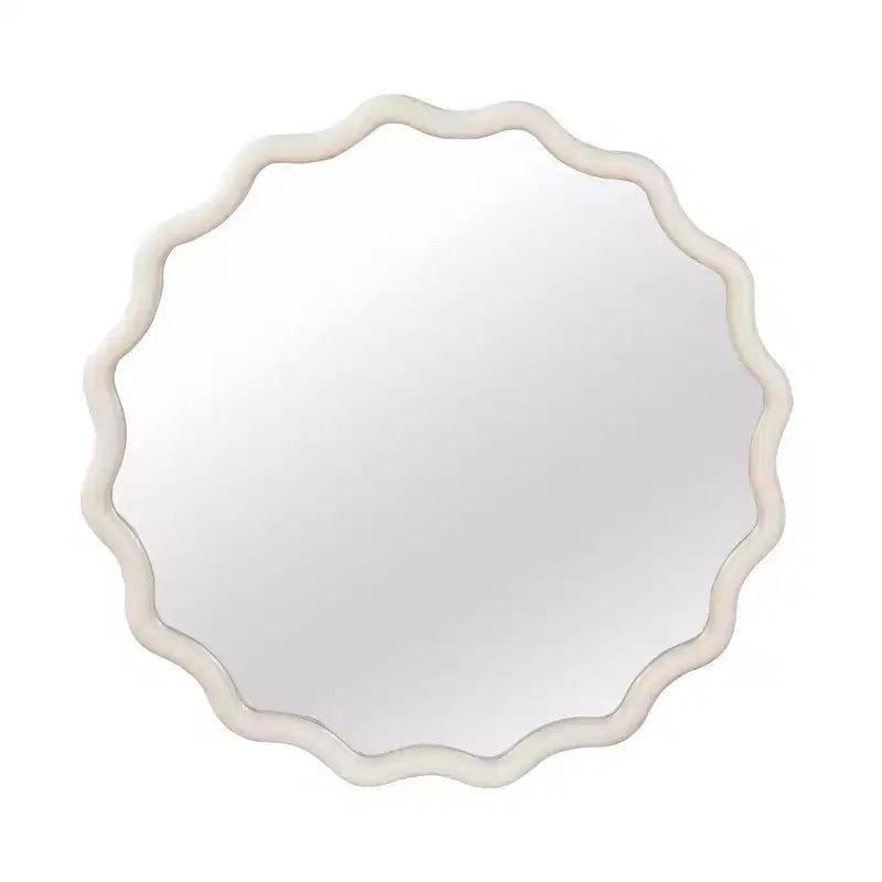 Specchio da parete rotondo ondulato bianco da 30 pollici con cornice in legno massello per bagno, specchio decorativo in legno stile rustico per la casa