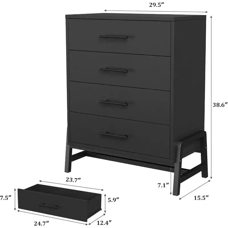 Cassettiera a 4 cassetti Acekool Nera, Organizzatore Moderno Alto, Comodino da 75x39x98cm per Camera da Letto e Soggiorno