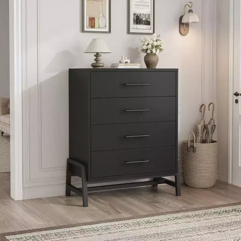 Cassettiera a 4 cassetti Acekool Nera, Organizzatore Moderno Alto, Comodino da 75x39x98cm per Camera da Letto e Soggiorno