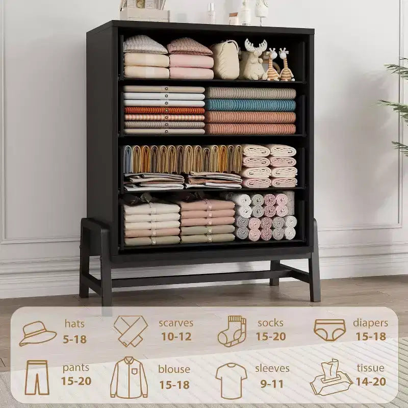 Cassettiera a 4 cassetti Acekool Nera, Organizzatore Moderno Alto, Comodino da 75x39x98cm per Camera da Letto e Soggiorno
