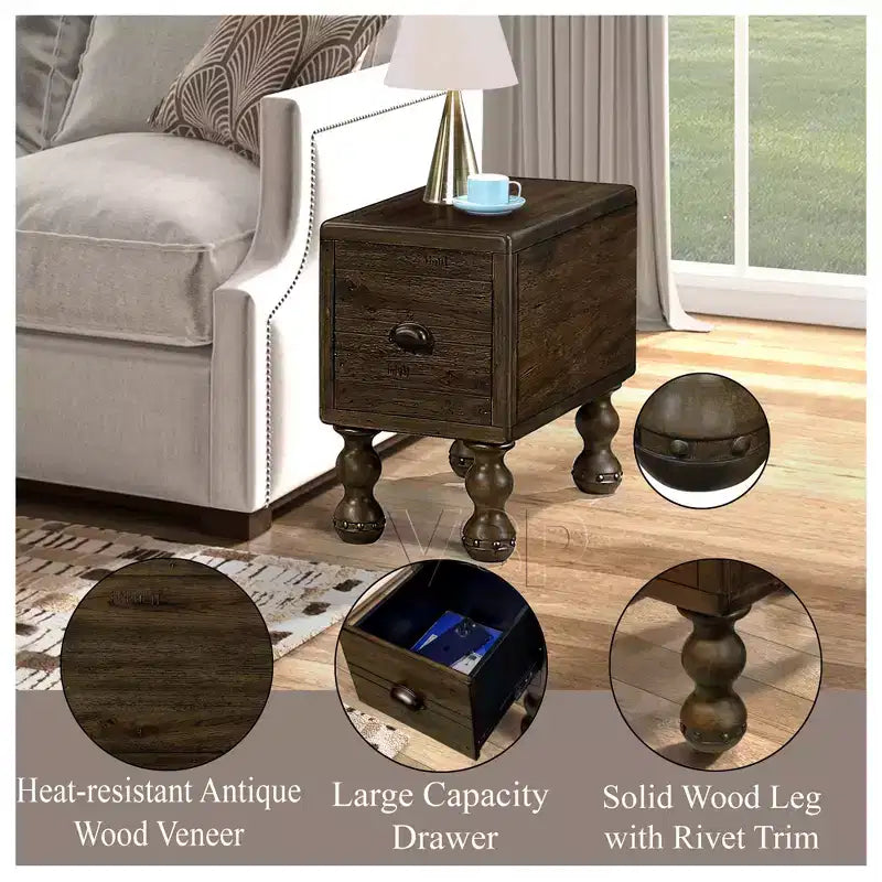 Tavolino da salotto rettangolare vintage Okak con cassetto, tavolino con gambe e superficie in legno, tavolino stretto salvaspazio per soggiorno