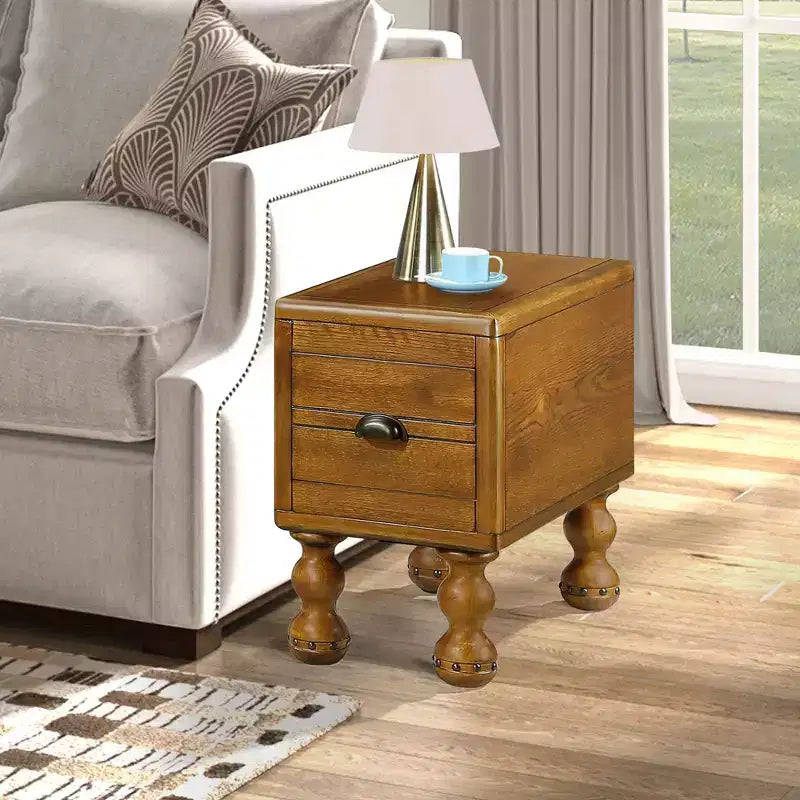Tavolino da salotto rettangolare vintage Okak con cassetto, tavolino con gambe e superficie in legno, tavolino stretto salvaspazio per soggiorno