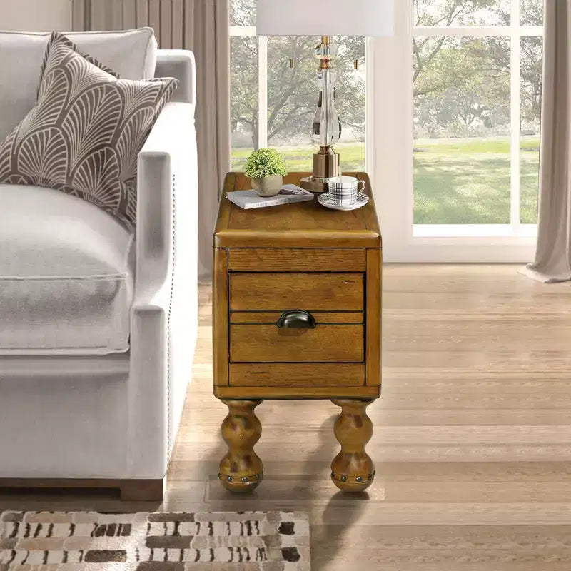 Tavolino da salotto rettangolare vintage Okak con cassetto, tavolino con gambe e superficie in legno, tavolino stretto salvaspazio per soggiorno