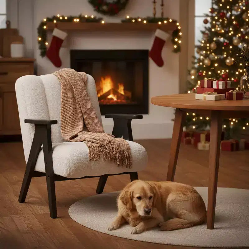 Homy Casa Poltrona moderna con rivestimento in tessuto bouclé trapuntato a canali e struttura in legno, beige
