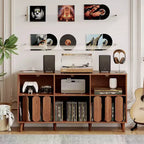55 Large Record Player Stand, Wood Rustic Vinyl Record Storage Cabinet with Charging Station, 2 Outlets & USB Ports, Open Shelves Holder