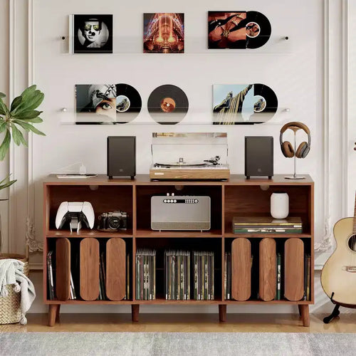 55 Large Record Player Stand, Wood Rustic Vinyl Record Storage Cabinet with Charging Station, 2 Outlets & USB Ports, Open Shelves Holder